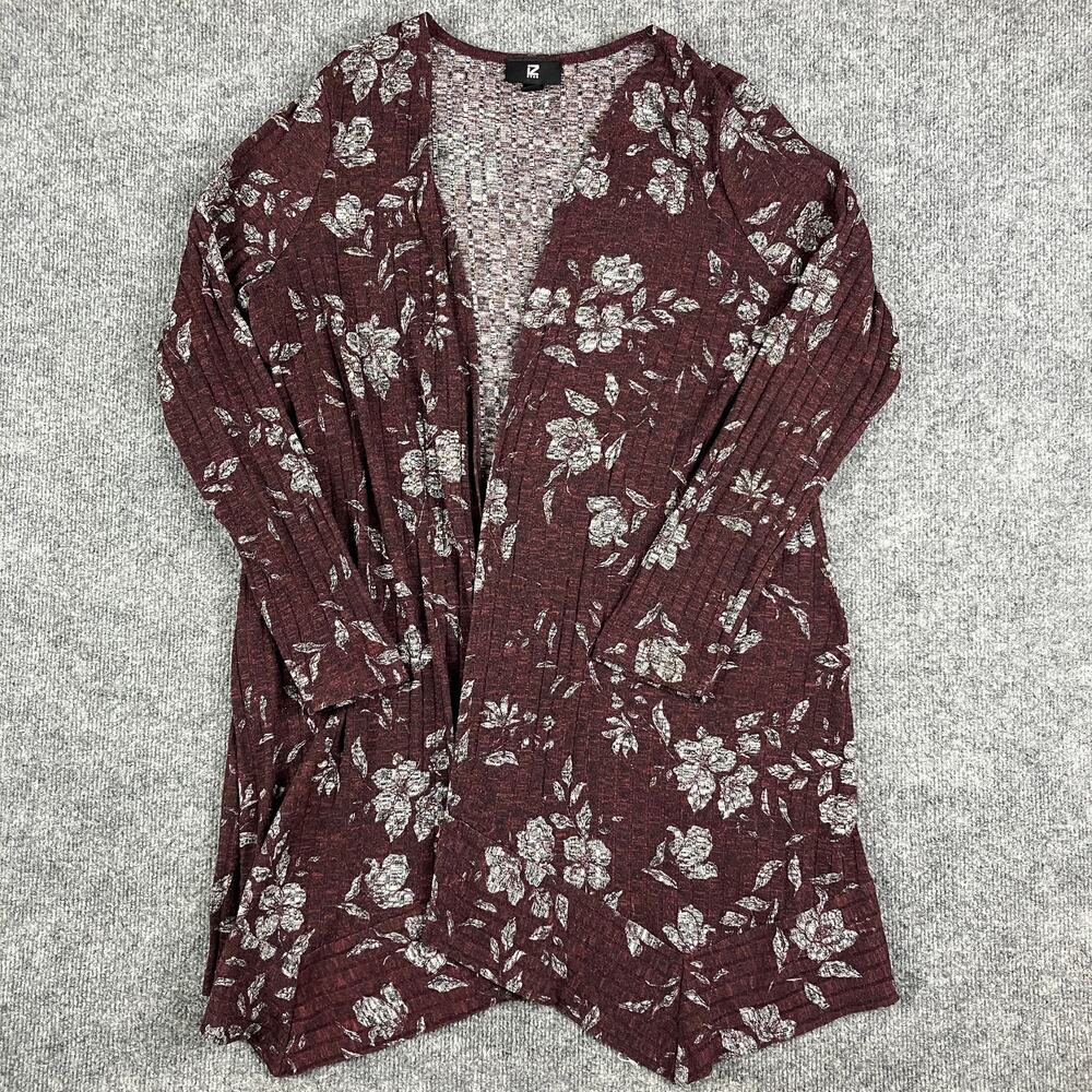 Floral Cardigan Womens Large Burgundy Long Sleeve Open Front Ribbed Knit